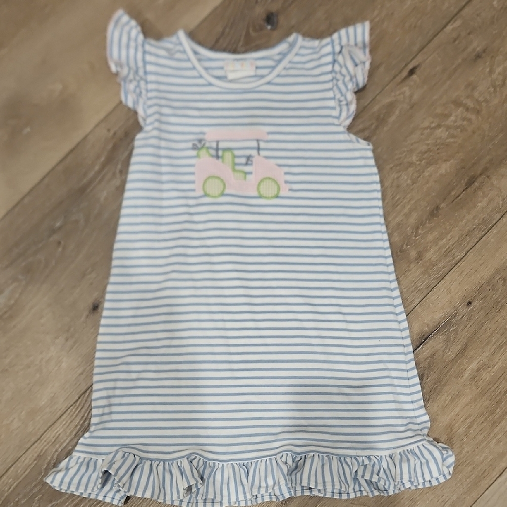 Blue and White Striped Dress with Pink Golfcart Design